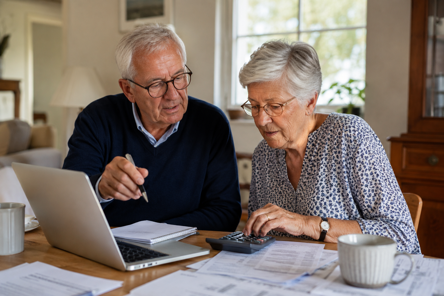 Op de foto zitten een oudere man en een oudere vrouw samen aan een houten tafel in een warme, huiselijke woonkamer. Ze zijn samen bezig met hun financiële administratie.